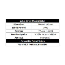 ZEBRA & ALL Direct Thermal Printer Compatible Labels 100mm x 63mm 1000 Labels/Roll
