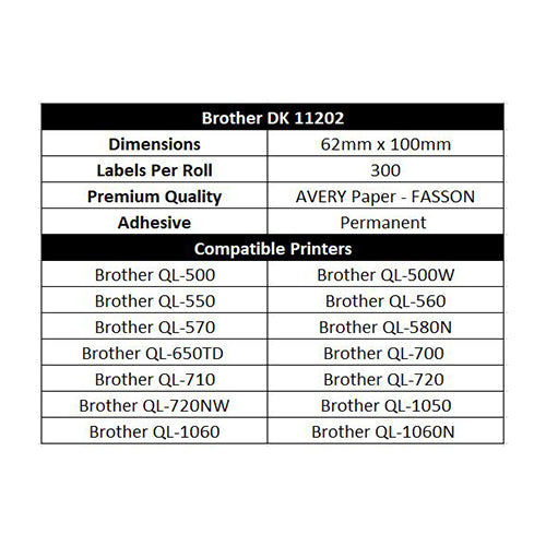 BROTHER Compatible Removable Labels 62mm x 100mm 300 Labels/Roll [DK11202]