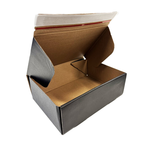 Samples of Black Single Strip Self Sealing Mailing Boxes [Cardboard Shipping Carton] [No Tape Required] [Easy Fold]