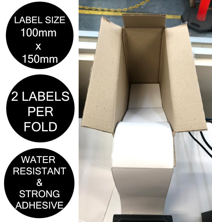 Sendle Shipping Labels 100x150mm Fanfold 4000 Labels/Carton 2 Labels/Fold [For Zebra Direct Thermal Desktop & Industrial Printers]