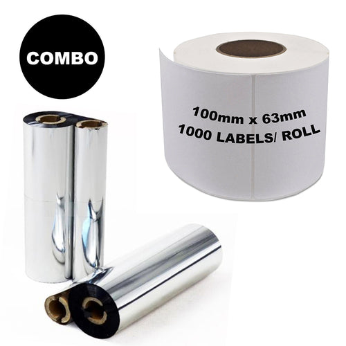 ZEBRA Thermal Transfer Compatible Labels 100mm x 63mm 1000 Labels/Roll + Wax Resin Ribbon COMBO