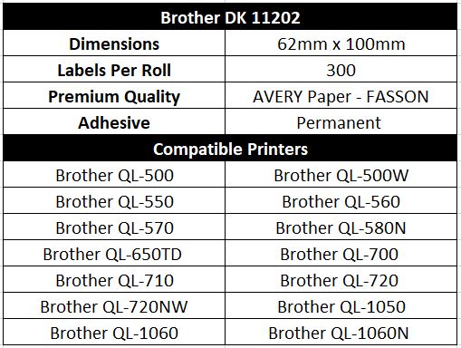 BROTHER Compatible Labels 62mm x 100mm 300 Labels/Roll [DK11202]