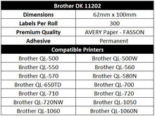BROTHER Compatible Labels 62mm x 100mm 300 Labels/Roll [DK11202]