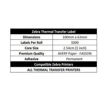 ZEBRA Thermal Transfer Compatible Labels 100mm x 63mm 1000 Labels/Roll