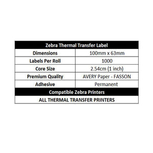ZEBRA Thermal Transfer Compatible Labels 100mm x 63mm 1000 Labels/Roll + Wax Resin Ribbon COMBO