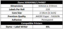DYMO Compatible Labels for 4XL Printer 4x6 inch 104mm x 159mm 220 Labels/Roll [S0904980]