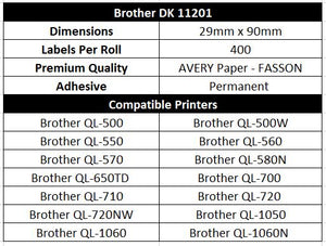 BROTHER Compatible Labels 29mm x 90mm 400 Labels/Roll [DK11201]