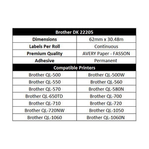 BROTHER Compatible Labels 62mm x 30.48m Continuous Roll [DK22205]